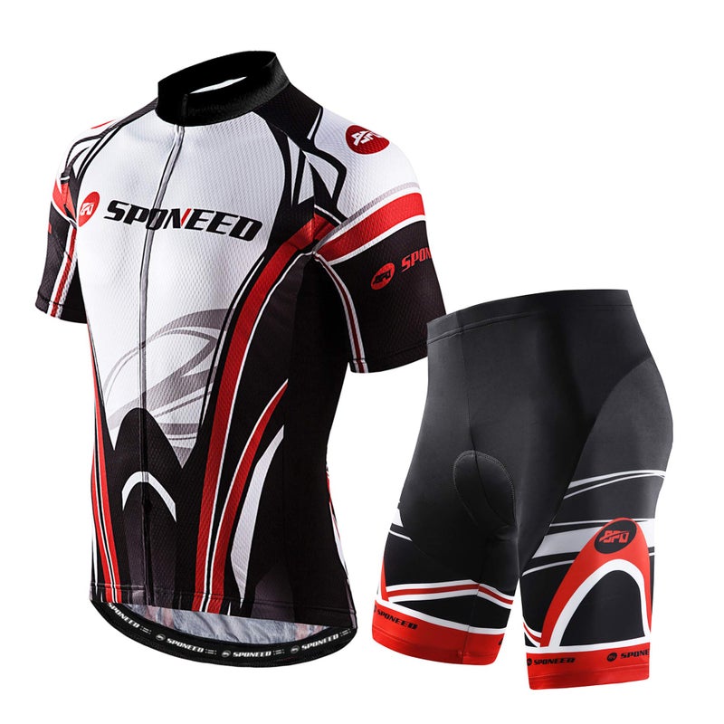 sponeed Short Sleeve Cycle Jersey Shirts Polyester and Sapndex Padded Bike Shorts Cyclist Tights Ride Wear US L US Multi Red - Image 1